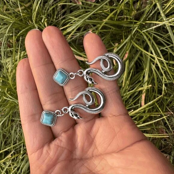 Boho Snake Turquoise Dangle Earrings - Picture 2 of 5